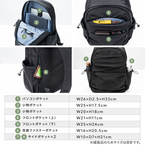 タウンリュック（カジュアル・ビジネスバッグ・19L・軽量・男女兼用・タックデザイン・バックパック・撥水・A4サイズ・14インチ・ノートPC収納・メンズ・レディース・通勤・通学・旅行・ブラック）