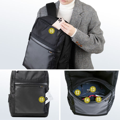 ビジネスリュック（小型モデル・メンズ・レディース・大容量・13リットル・軽量・コーデュラ使用・テフロン加工・撥水・ブラック）