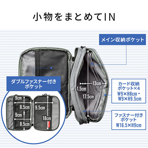 ポーチ（トラベルポーチ・ガジェットポーチ・小物入れ・おしゃれ・大容量・人気・おすすめ・男性・仕切り・収納・便利・持ち運び・ファスナーガード・ストラップ・ネイビー）BAGIN013NV