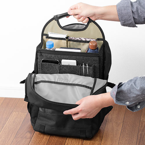 バッグインバッグ（リュック用・フェルト・軽量・縦型・15ポケット・自立可能・A4収納可能・ベージュ/グレー）