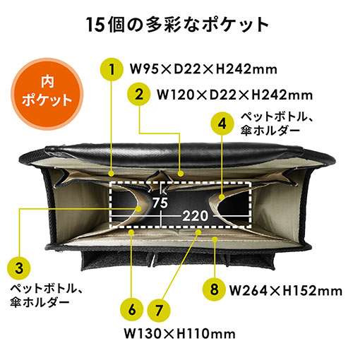 バッグインバッグ（リュック用・フェルト・軽量・縦型・15ポケット・自立可能・A4収納可能・ベージュ/グレー）