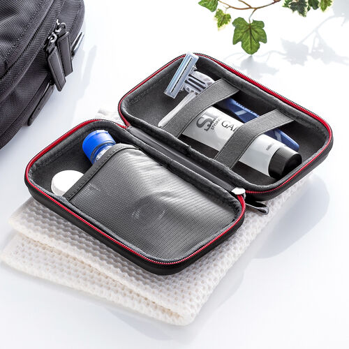 ポーチ（トラベルポーチ・ガジェットポーチ・小物入れ・おしゃれ・大容量・人気・おすすめ・男性・仕切り・収納・便利・持ち運び・セミハード・フルオープンファスナー・ストラップ・黒）BAGIN027BK