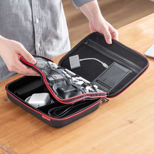 セミハードトラベルポーチ（ダブルルーム・ガジェット収納ケース・ダブルファスナー・出張・旅行・メッシュ・ポケット・ブラック）