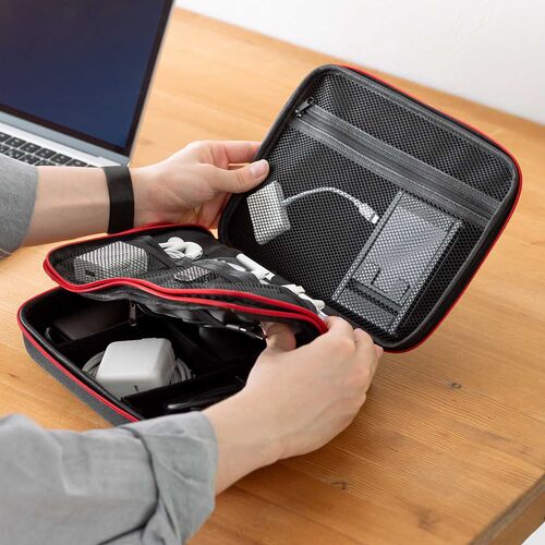 セミハードトラベルポーチ（ダブルルーム・ガジェット収納ケース・ダブルファスナー・出張・旅行・メッシュ・ポケット・ブラック）