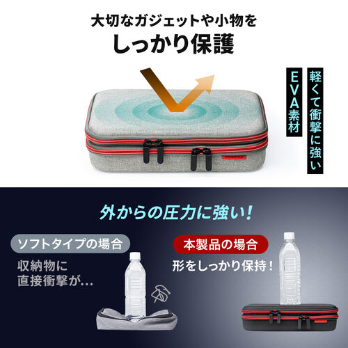 セミハードトラベルポーチ（ダブルルーム・ガジェット収納ケース・ダブルファスナー・出張・旅行・メッシュ・ポケット・ブラック）