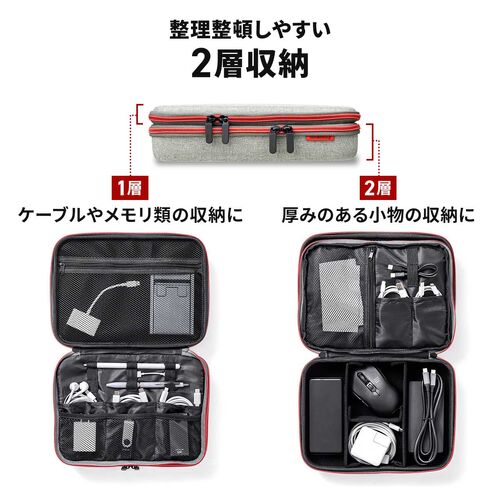 セミハードトラベルポーチ（ダブルルーム・ガジェット収納ケース・ダブルファスナー・出張・旅行・メッシュ・ポケット・ブラック）