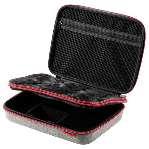 セミハードトラベルポーチ（ダブルルーム・ガジェット収納ケース・ダブルファスナー・出張・旅行・メッシュ・ポケット・グレー）
