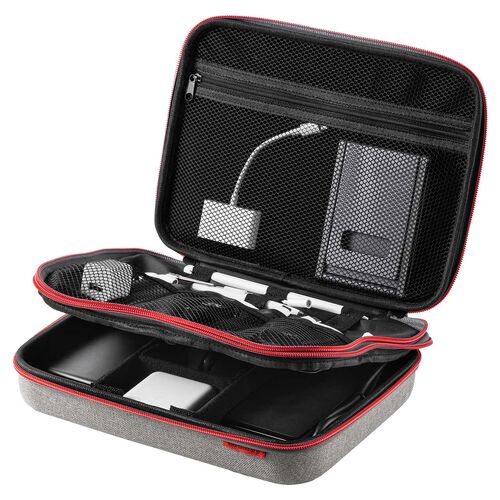 セミハードトラベルポーチ（ダブルルーム・ガジェット収納ケース・ダブルファスナー・出張・旅行・メッシュ・ポケット・グレー）