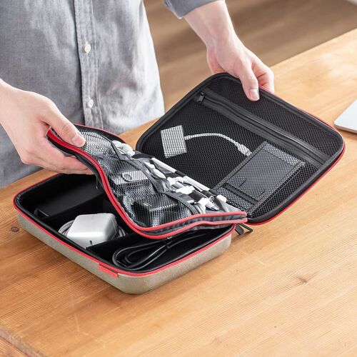 セミハードトラベルポーチ（ダブルルーム・ガジェット収納ケース・ダブルファスナー・出張・旅行・メッシュ・ポケット・グレー）