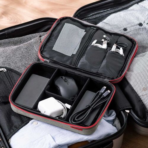 セミハードトラベルポーチ（ダブルルーム・ガジェット収納ケース・ダブルファスナー・出張・旅行・メッシュ・ポケット・グレー）