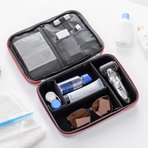 セミハードトラベルポーチ（ダブルルーム・ガジェット収納ケース・ダブルファスナー・出張・旅行・メッシュ・ポケット・グレー）