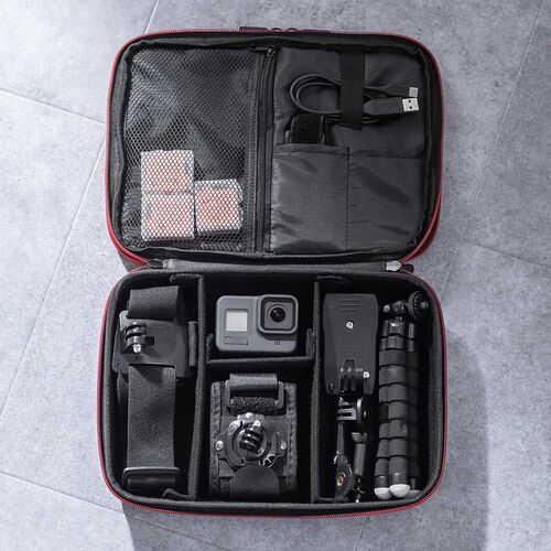 セミハードトラベルポーチ（ダブルルーム・ガジェット収納ケース・ダブルファスナー・出張・旅行・メッシュ・ポケット・グレー）