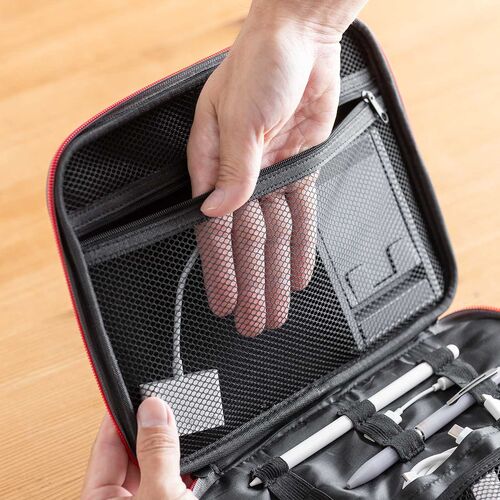 セミハードトラベルポーチ（ダブルルーム・ガジェット収納ケース・ダブルファスナー・出張・旅行・メッシュ・ポケット・グレー）