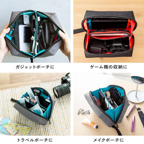 ポーチ（トラベルポーチ・ガジェットポーチ・小物入れ・おしゃれ・大容量・人気・おすすめ・男性・仕切り・収納・便利・ジャバラ式・ダブルルーム・持ち運び・Nintendo Switch収納対応・黒）