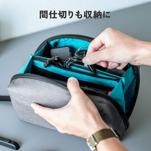 ポーチ（トラベルポーチ・ガジェットポーチ・小物入れ・おしゃれ・大容量・人気・おすすめ・男性・仕切り・収納・便利・ジャバラ式・ダブルルーム・持ち運び・Nintendo Switch収納対応・黒）