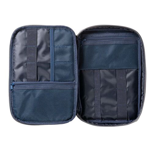 ポーチ（トラベルポーチ・ガジェットポーチ・小物入れ・おしゃれ・大容量・人気・おすすめ・男性・仕切り・収納・便利・持ち運び・フルオープン・薄型・ゴムバンド固定・グレー）BAGIN036GY