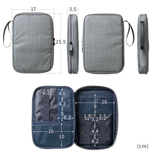 ポーチ（トラベルポーチ・ガジェットポーチ・小物入れ・おしゃれ・大容量・人気・おすすめ・男性・仕切り・収納・便利・持ち運び・フルオープン・薄型・ゴムバンド固定・グレー）BAGIN036GY