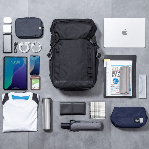 リュック（フラップ付き・ロゴレス・15.3インチ・PC収納・通学・通勤・カジュアル・多機能・メンズ・ビジネス・バックパック・大容量・24L・A4収納・ブラック）