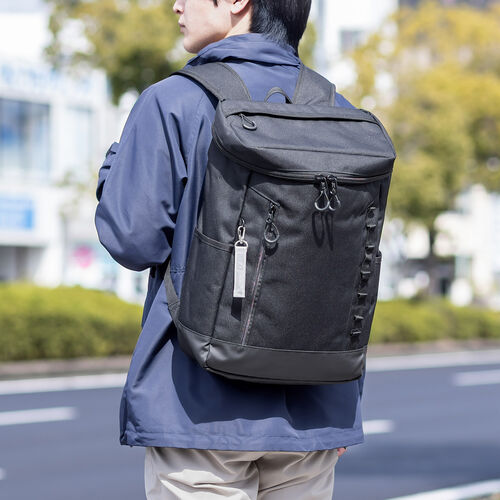 リュック（スクエア・ロゴレス・16インチ・PC収納・通学・通勤・カジュアル・多機能・メンズ・ビジネス・ボックスパック・バックパック・大容量・26L・A4収納・ブラック）