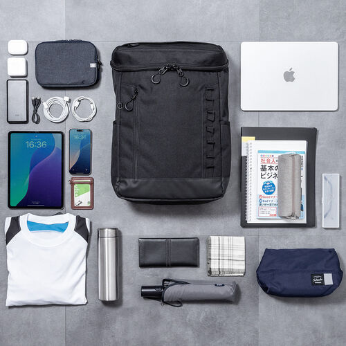 リュック（スクエア・ロゴレス・16インチ・PC収納・通学・通勤・カジュアル・多機能・メンズ・ビジネス・ボックスパック・バックパック・大容量・26L・A4収納・ブラック）