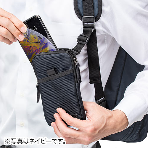 リュックベルト用スマホポーチ（ベルト取付・3通り設置可能・ブラック）