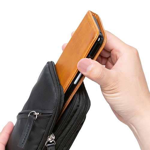 スマホポーチ（リュックベルト用・ショルダーベルト取付・6.5インチ対応・スマホケース・ダブル・耐水生地・ブラック）