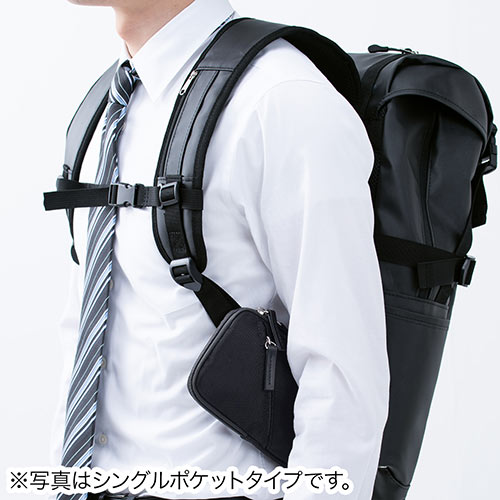 スマホポーチ（リュックベルト用・ショルダーベルト取付・6.5インチ対応・スマホケース・ダブル・耐水生地・ブラック）