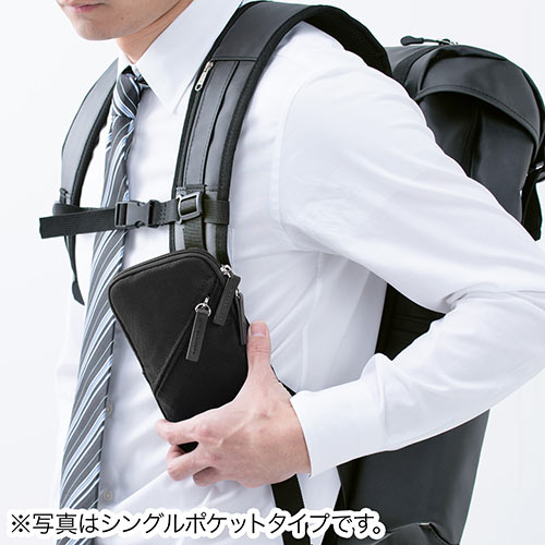 スマホポーチ（リュックベルト用・ショルダーベルト取付・6.5インチ対応・スマホケース・ダブル・耐水生地・ブラック）