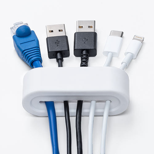 ケーブルホルダー（ケーブルアクセサリ・コードホルダー・ケーブル落下防止・シリコン製・テープ貼り付け・2個入り・ホワイト）