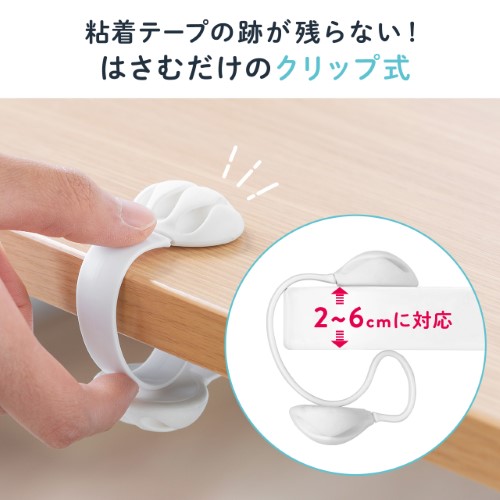 クリップ式ケーブルホルダー（テープ不要・挟み込み式・ケーブルアクセサリ・ケーブルクリップ・2個入り・ホワイト）