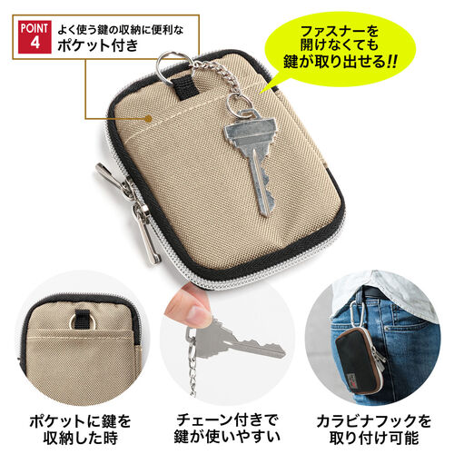 スマートキーケース（鍵・スマートキー・2個収納・カード2枚収納・外側ポケット・キーリング付き・ベージュ）