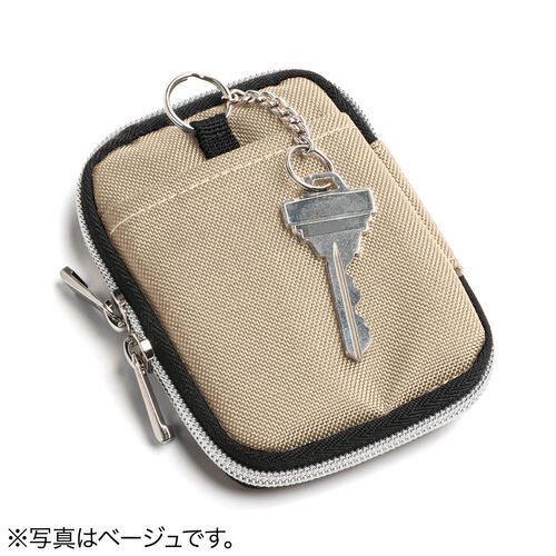 スマートキーケース（鍵・スマートキー・2個収納・カード2枚収納・外側ポケット・キーリング付き・カーキ）