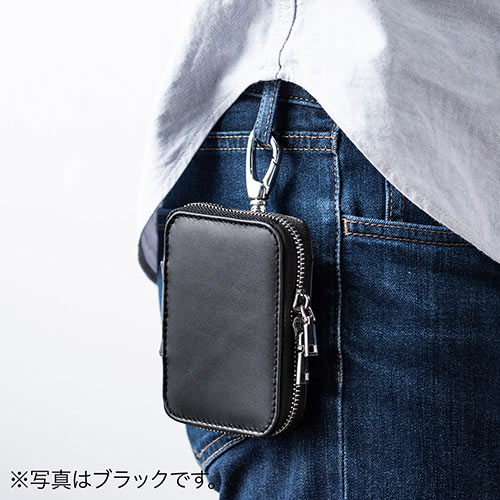 スマートキーケース（本革・鍵ケース・キーケース・スマートキー2個収納・カード収納・外側ポケット・キーリング・カラビナフック・ブラウン）