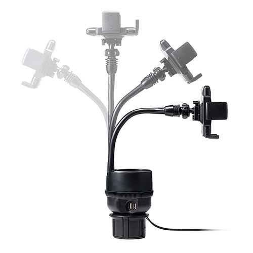 スマホ車載ホルダー ドリンクホルダー固定 フレキシブルアーム カップホルダー付き ペン立て シガーソケット USB充電