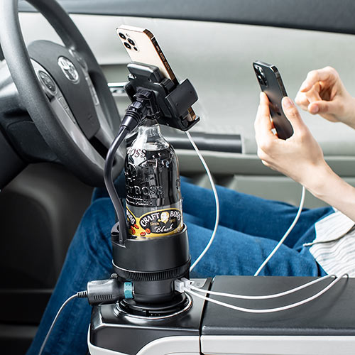 スマホ車載ホルダー ドリンクホルダー固定 フレキシブルアーム カップホルダー付き ペン立て シガーソケット USB充電