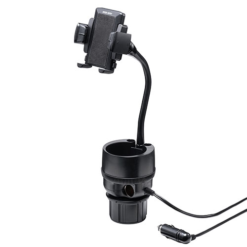 スマホ車載ホルダー ドリンクホルダー固定 フレキシブルアーム カップホルダー付き ペン立て シガーソケット USB充電