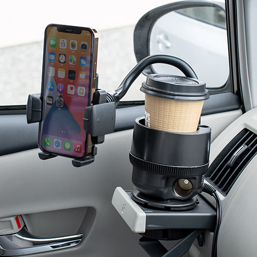 スマホ車載ホルダー ドリンクホルダー固定 フレキシブルアーム カップホルダー付き ペン立て シガーソケット USB充電