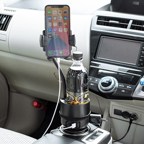 スマホ車載ホルダー ドリンクホルダー固定 フレキシブルアーム カップホルダー付き ペン立て シガーソケット USB充電
