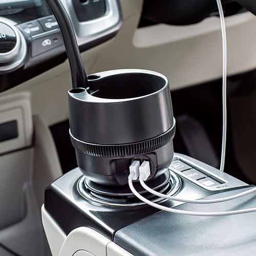 スマホ車載ホルダー ドリンクホルダー固定 フレキシブルアーム カップホルダー付き ペン立て シガーソケット USB充電