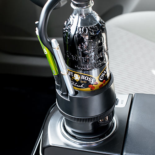 スマホ車載ホルダー ドリンクホルダー固定 フレキシブルアーム カップホルダー付き ペン立て シガーソケット USB充電