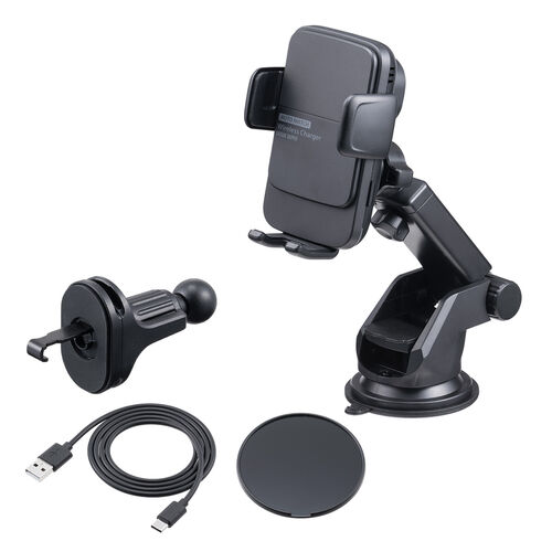 車載ホルダー（ワイヤレス充電・充電コイル自動検知・自動開閉・吸盤取り付け・エアコン取り付け・最大15W・急速充電・スマートフォン・iPhone・Android）