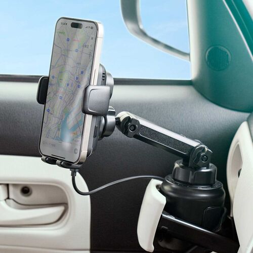 車載ホルダー（ワイヤレス充電・充電コイル自動検知・自動開閉・ドリンクホルダー取り付け・エアコン取り付け・最大15W・急速充電・スマートフォン・iPhone・Android）