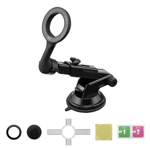 MagSafe対応車載ホルダー（スマホホルダー・車・吸盤取り付け・360度調整・片手操作・磁気吸着・iPhone15/14/13/12シリーズ対応・メタルリング付属）