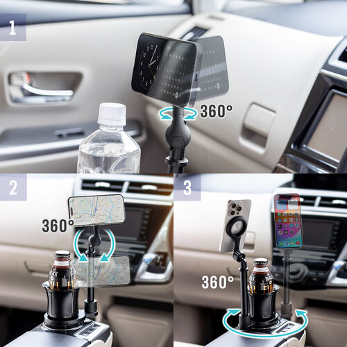 MagSafe対応車載ホルダー（スマホホルダー・車・ドリンクホルダー設置・360度調整・片手操作・磁気吸着・iPhone15/14/13/12シリーズ対応・メタルリング付属）