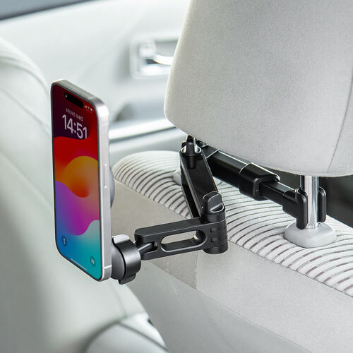 車載ホルダー（MagSafe対応・ヘッドレスト固定型・伸縮アーム・後部座席用・スマホホルダー・360度調整・磁気吸着・iPhone15/14/13/12対応・メタルリング・メディア掲載） CAR107