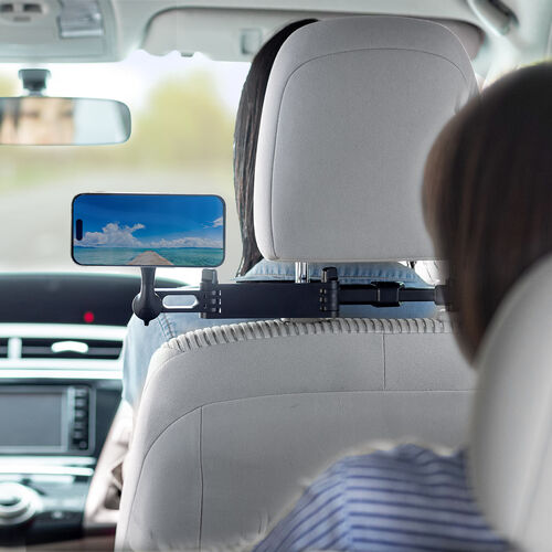 車載ホルダー（MagSafe対応・ヘッドレスト固定型・伸縮アーム・後部座席用・スマホホルダー・360度調整・磁気吸着・iPhone15/14/13/12対応・メタルリング・メディア掲載） CAR107