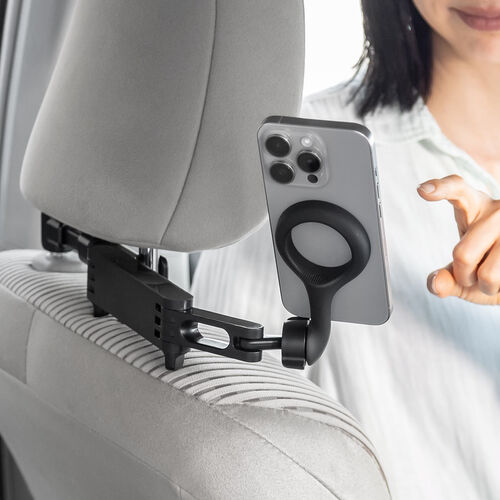 車載ホルダー（MagSafe対応・ヘッドレスト固定型・伸縮アーム・後部座席用・スマホホルダー・360度調整・磁気吸着・iPhone15/14/13/12対応・メタルリング・メディア掲載） CAR107