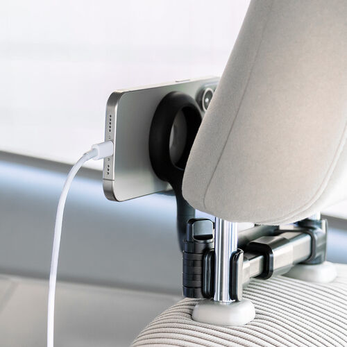 車載ホルダー（MagSafe対応・ヘッドレスト固定型・伸縮アーム・後部座席用・スマホホルダー・360度調整・磁気吸着・iPhone15/14/13/12対応・メタルリング・メディア掲載） CAR107