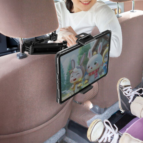 車載タブレットホルダー（ヘッドレスト固定型・伸縮アーム・後部座席用・7～13インチ対応・iPhone・Android・iPad・メディア掲載）