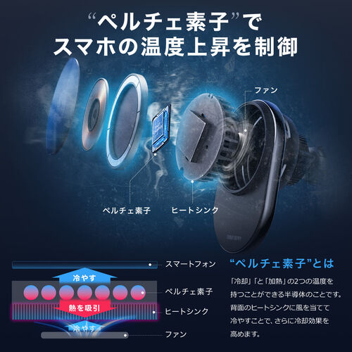車載ホルダー（ワイヤレス充電対応・半導体冷却機能・ペルチェ素子・マグネット・磁気吸着・スマホホルダー・車・エアコン吹き出し口・片手操作・iPhone・Android・急速充電・メタルリング付属）